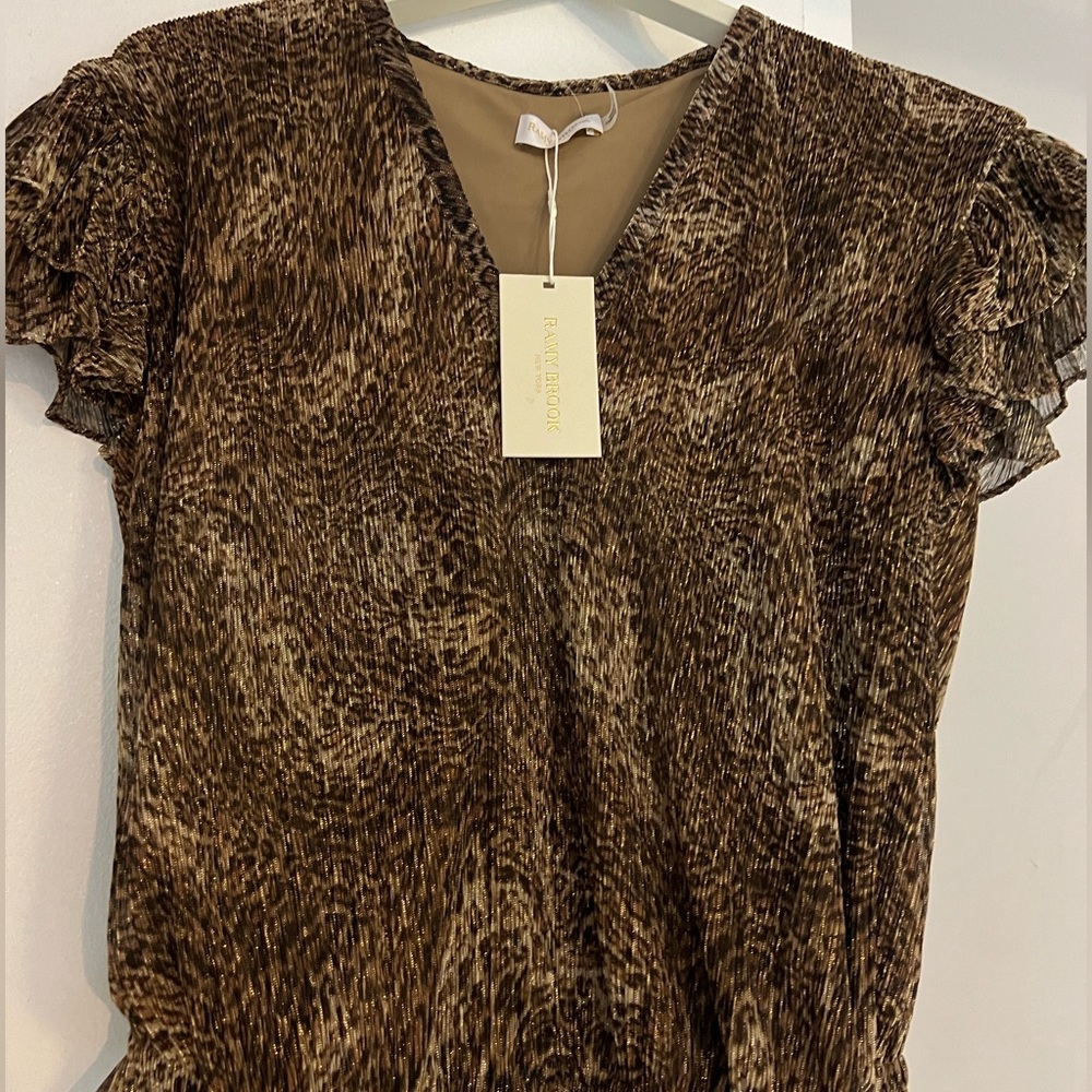 NEW RAMY BROOK ANIMAL PRINT Harissa plissé blouse Leopard Metallic. Sz XS  NWT